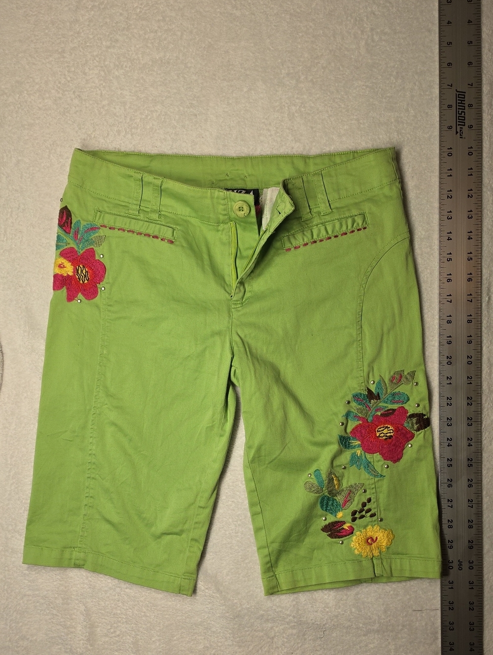 Embroidered Lime Green Women’s Bermuda Shorts with Floral Accents